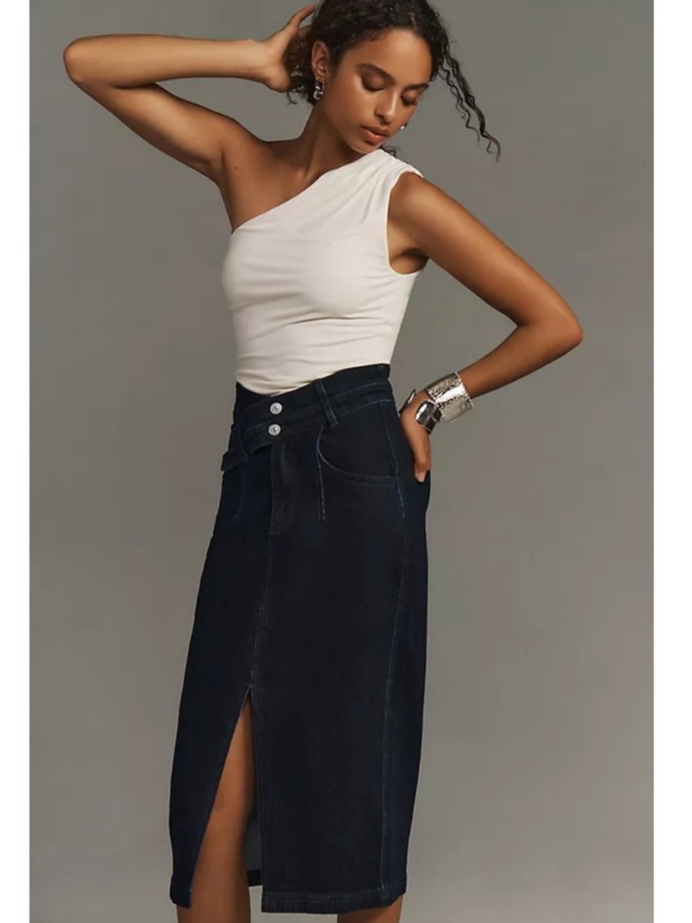 Pilcro Dark Wash Denim Midi Skirt